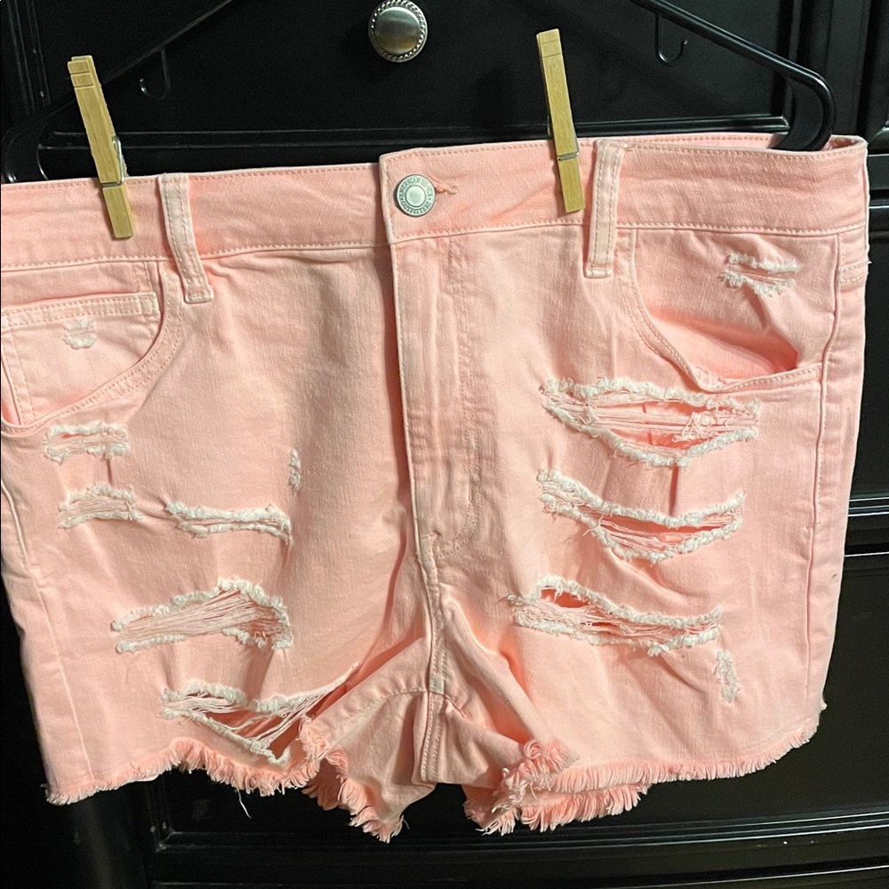 American Eagle Outfitters Pink Distressed Hi-Rise Shortie Jean Shorts